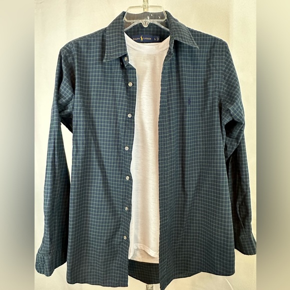 Ralph Lauren long sleeve, button down men’s shirt. Nice green/blue plaid. Large! - Picture 6 of 7